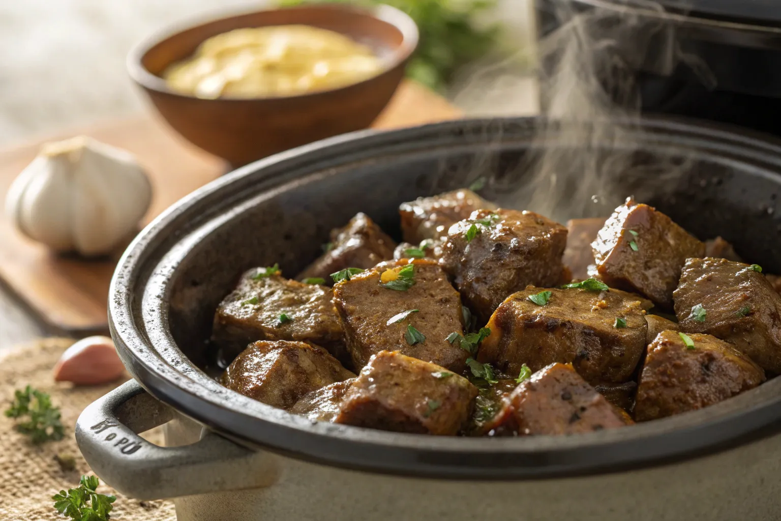 Ingredients for crockpot garlic butter steak bites
