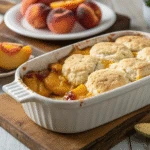 Gluten-free peach cobbler in baking dish