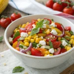 Corn salad with feta in a white bowl, summer setting