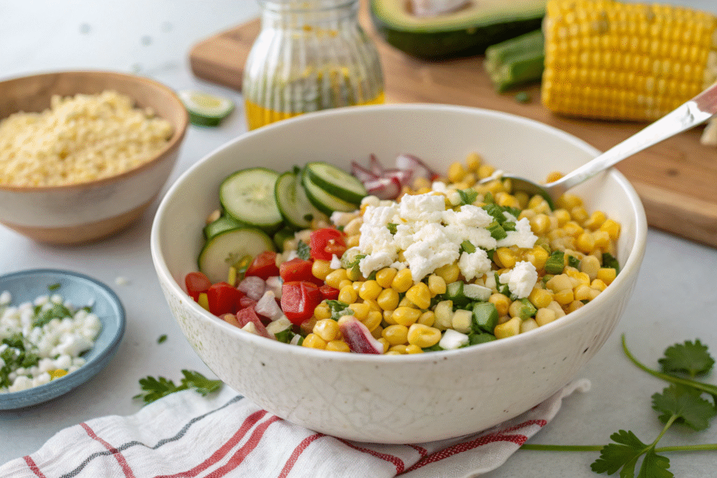 Corn Salad with Feta: Fresh, Vibrant, and Irresistible Summer Flavor 7 Mixing corn salad with feta step by step