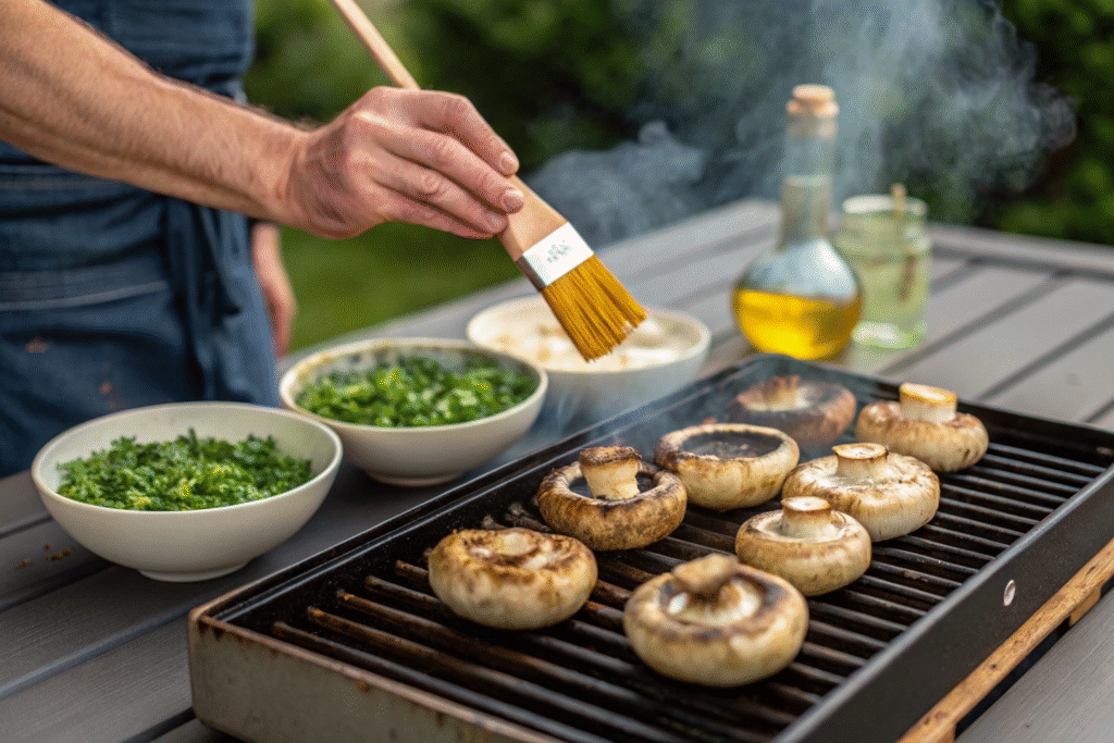 Grilled Portobello Mushrooms with Herbs: Stunning Summer Recipe Bursting with Vibrant Flavor 8 Grilling portobello mushrooms with herbs on barbecue