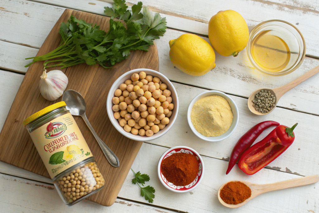 Gluten-Free Hummus Trio: 3 Stunning Flavors for Safe, Festive Gatherings Everyone Will Love 6 gluten-free hummus ingredients on rustic wood table