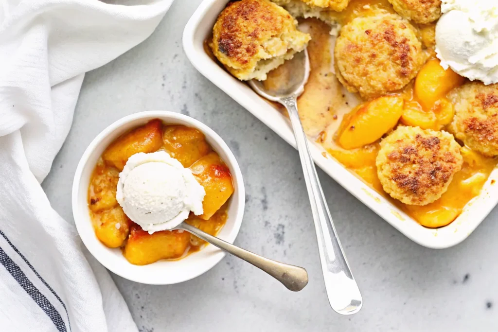 Gluten-Free Peach Cobbler: The Ultimate Summer Dessert for Comfort and Joy 10 Gluten-free peach cobbler in a vintage baking dish on a kitchen table
