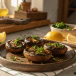 Grilled portobello mushrooms with herbs on a summer table