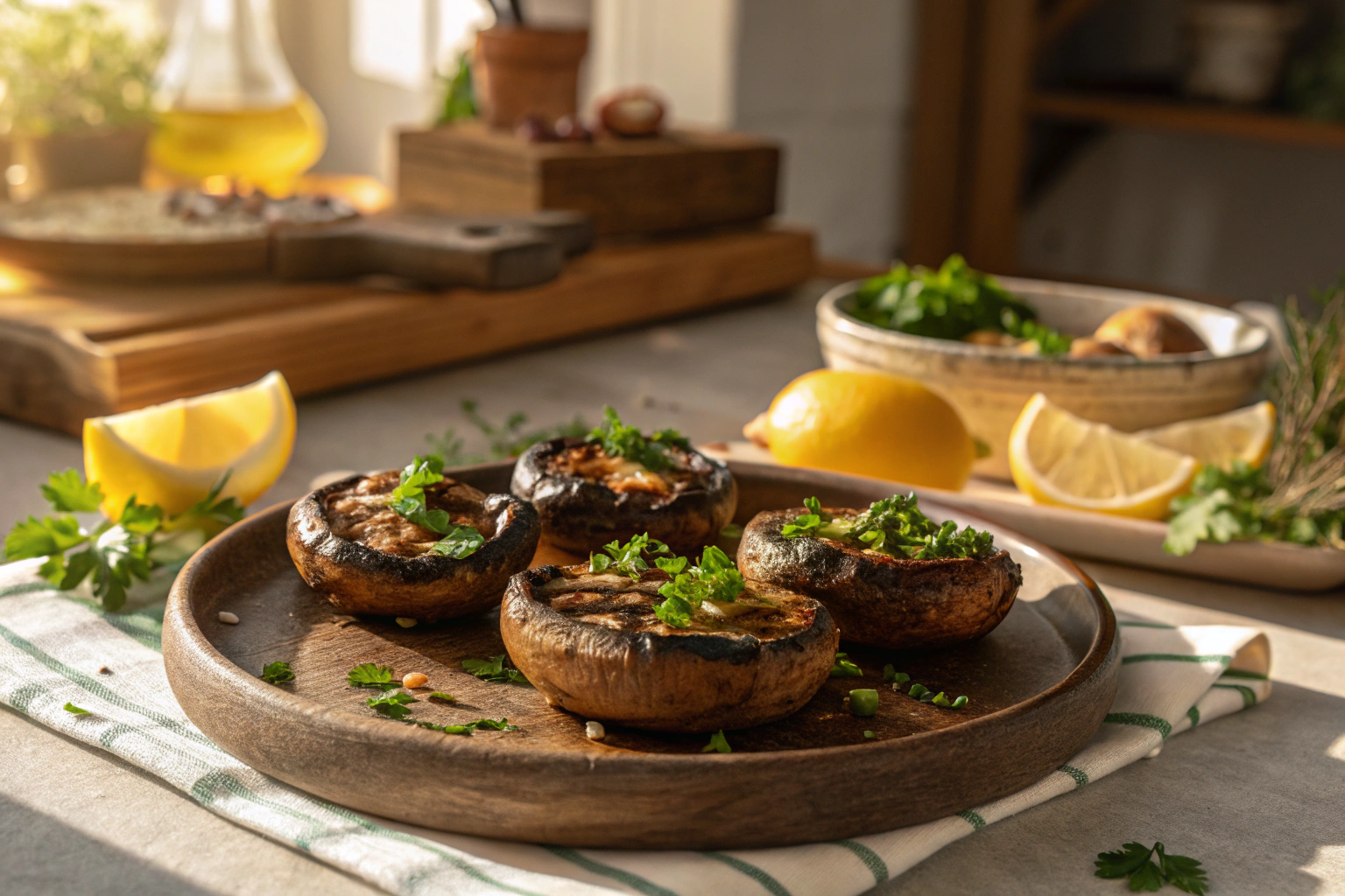 Grilled portobello mushrooms with herbs on a summer table