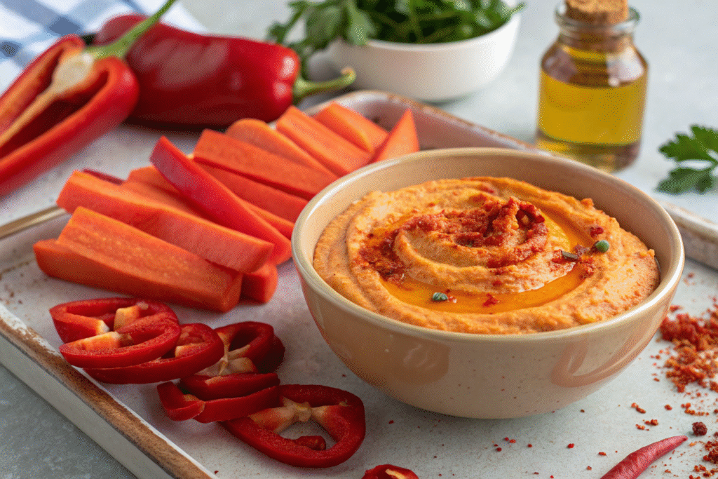 Gluten-Free Hummus Trio: 3 Stunning Flavors for Safe, Festive Gatherings Everyone Will Love 8 Roasted red pepper gluten-free hummus garnished with paprika