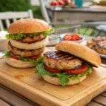 Grilled ground chicken burgers on a board