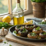 Marinated portobello mushrooms with herbs on rustic table