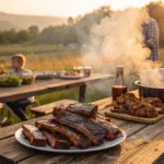 Hot smoked baby back ribs served family style