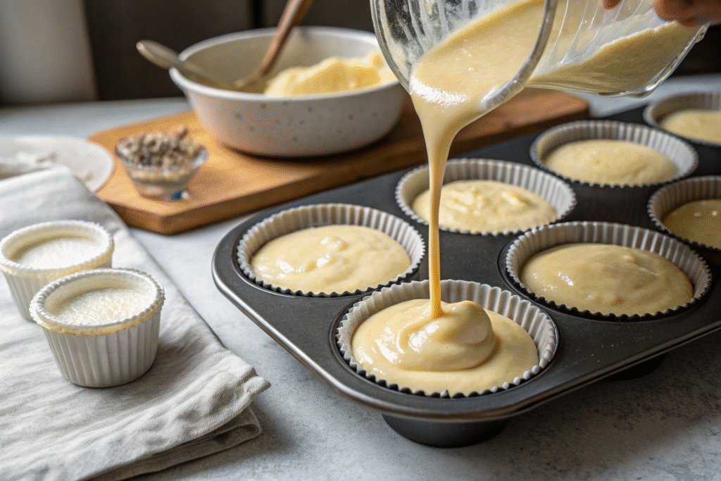 Mini No-Crust Cheesecakes: Irresistible, Easy Recipe for Creamy Bites 8 filling muffin tins with mini no-crust cheesecake batter