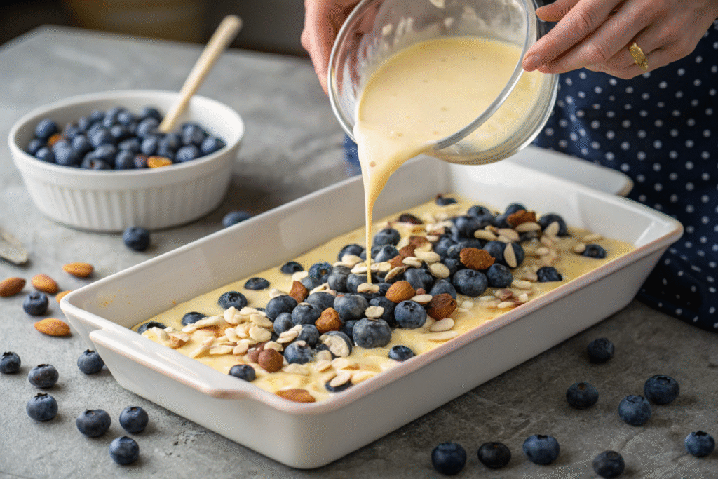 Blueberry Almond Clafoutis: An Irresistibly Simple French Dessert for All Seasons 8 Pouring batter for blueberry almond clafoutis