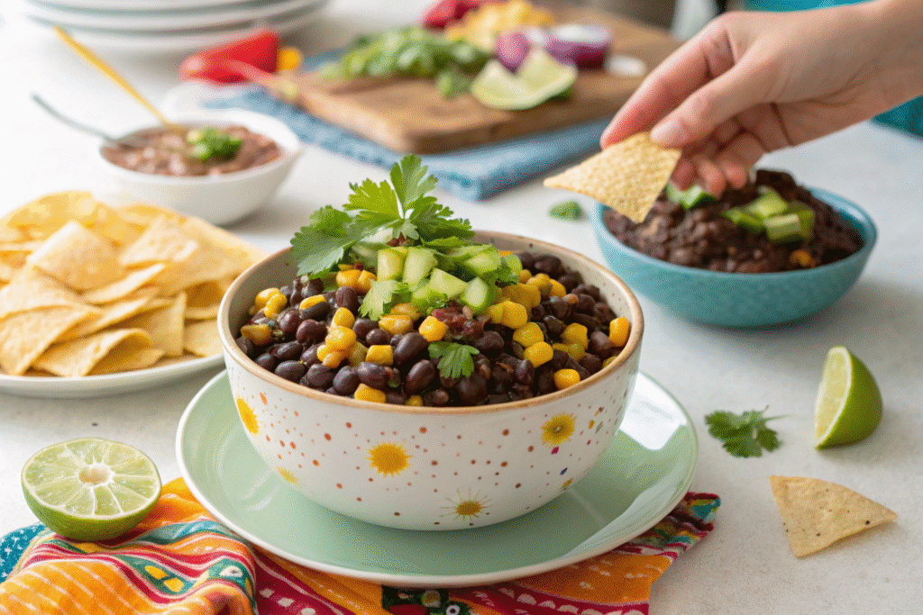 Black Bean and Corn Relish: The Ultimate Crowd-Pleasing Salsa! 8 Black bean and corn relish served with chips at a family party