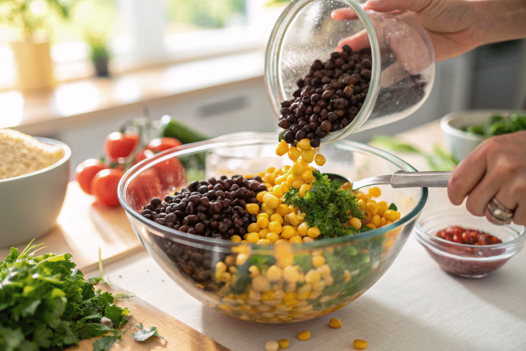 Black Bean and Corn Relish: The Ultimate Crowd-Pleasing Salsa! 7 Pouring black beans and corn into a mixing bowl for salsa