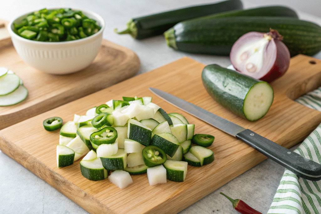 Spicy Jalapeño Zucchini Salsa: Ultimate Guide to the Best Summer Salsa 7 Chopped zucchini and jalapeños on a board for salsa