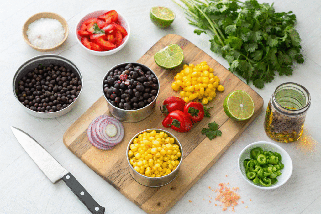 Black Bean and Corn Relish: The Ultimate Crowd-Pleasing Salsa! 6 Black bean and corn relish ingredients arranged on a wooden board
