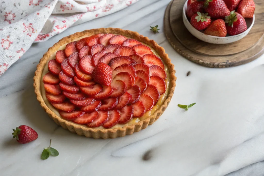French Strawberry Tart – Easy Classic Summer Dessert 5 French tart ingredients laid out on a wooden board