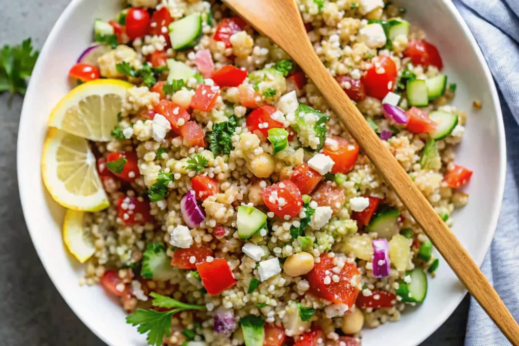 Gluten-free Greek quinoa salad in rustic bowl