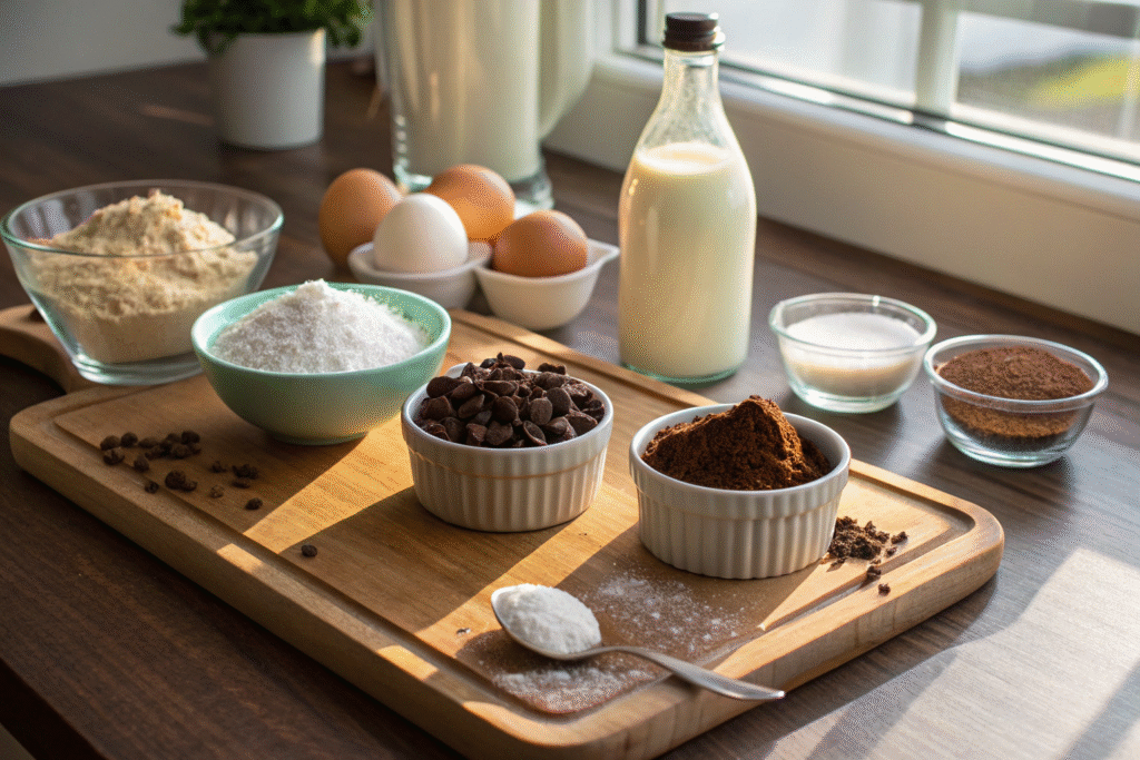 Chocolate Mug Cake: Moist, Quick, and Satisfying Family Dessert 8 Chocolate mug cake ingredients on wooden board