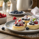 Mini No-Crust Cheesecakes: Irresistible, Easy Recipe for Creamy Bites 11 mini no-crust cheesecakes on plate with berries