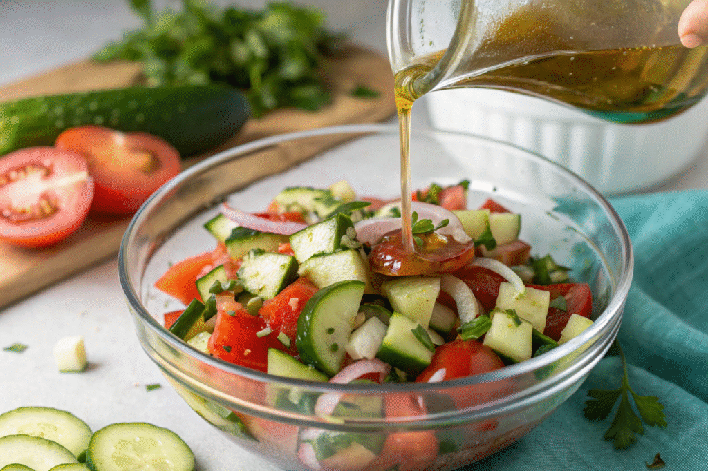 Cucumber Tomato Salad Easy Marinade: Secrets for Irresistible Flavor 8 Pouring marinade on cucumber tomato salad