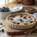 Blueberry almond clafoutis freshly baked with powdered sugar