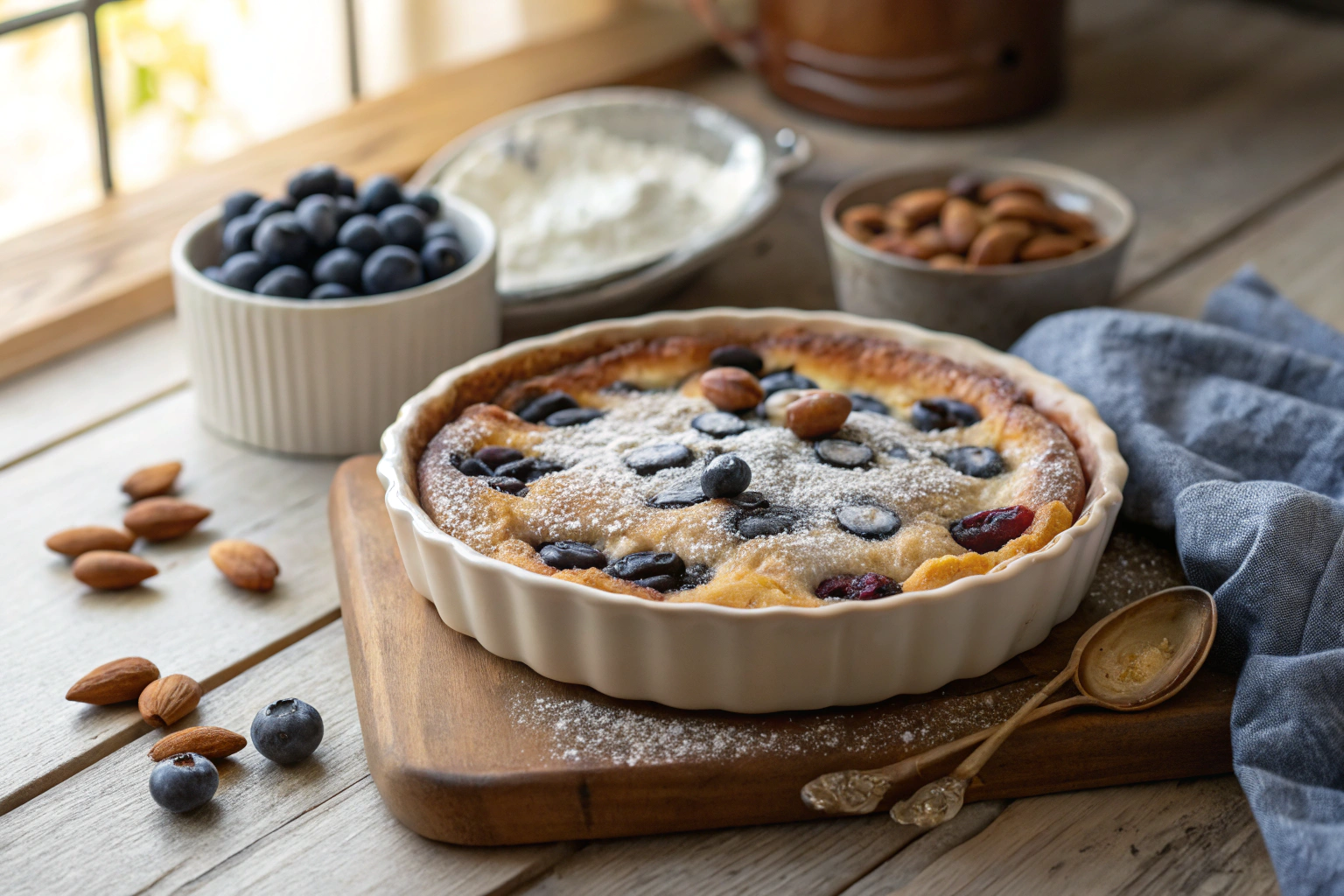 Blueberry almond clafoutis freshly baked with powdered sugar