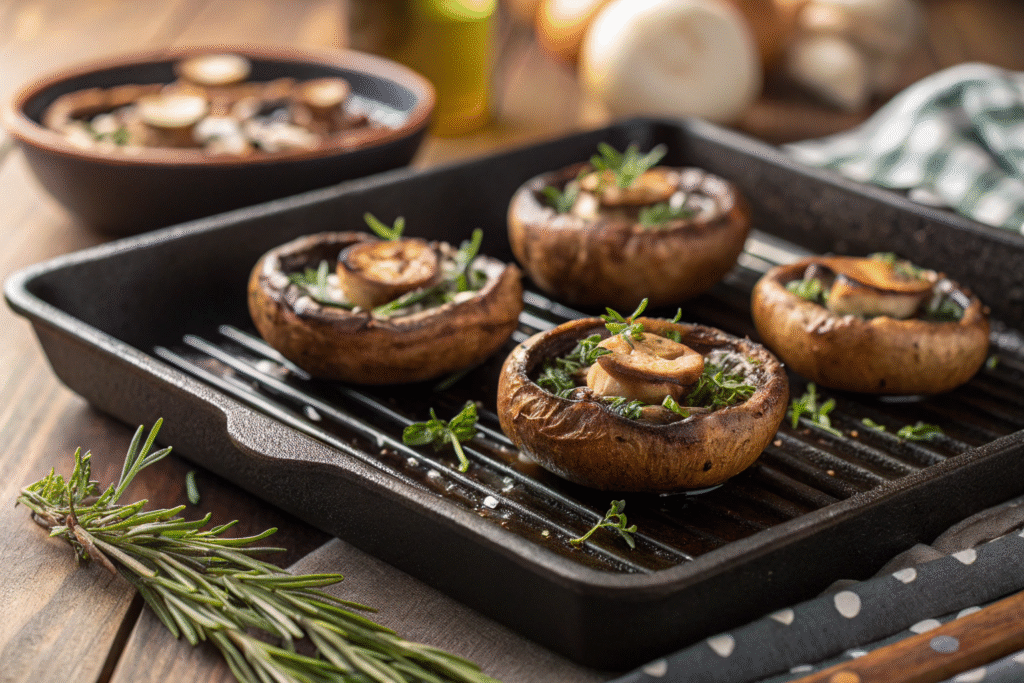 Marinated Portobello Mushrooms: Simple Marinades, Italian & Balsamic Variations 7 Marinated portobello mushrooms on grill ready to cook