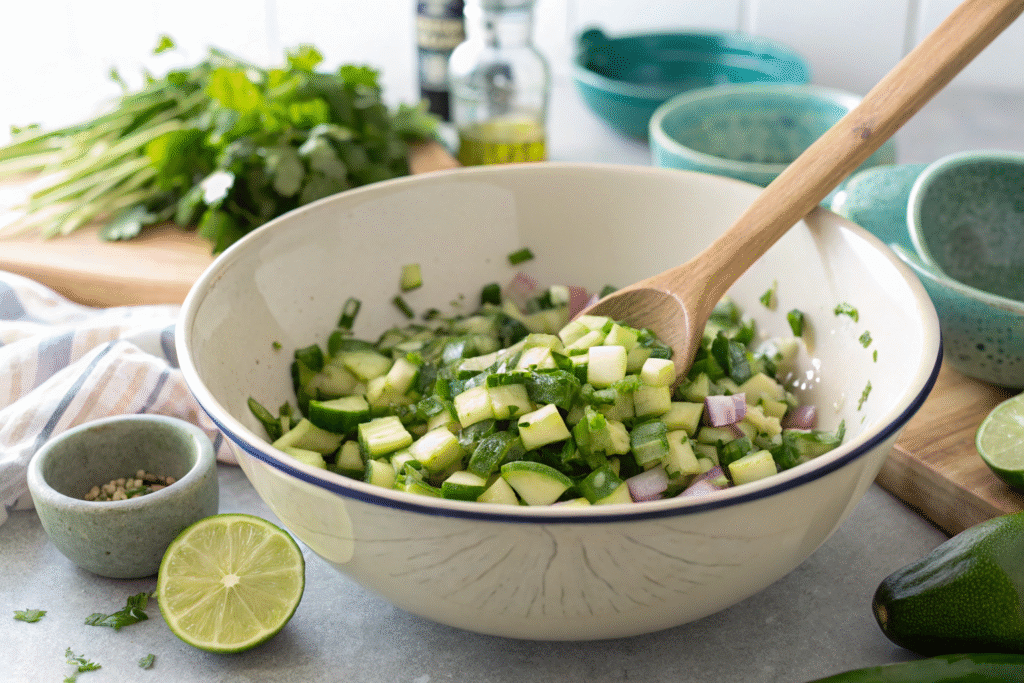 Spicy Jalapeño Zucchini Salsa: Ultimate Guide to the Best Summer Salsa 8 mixing bowl filled with chopped zucchini jalape