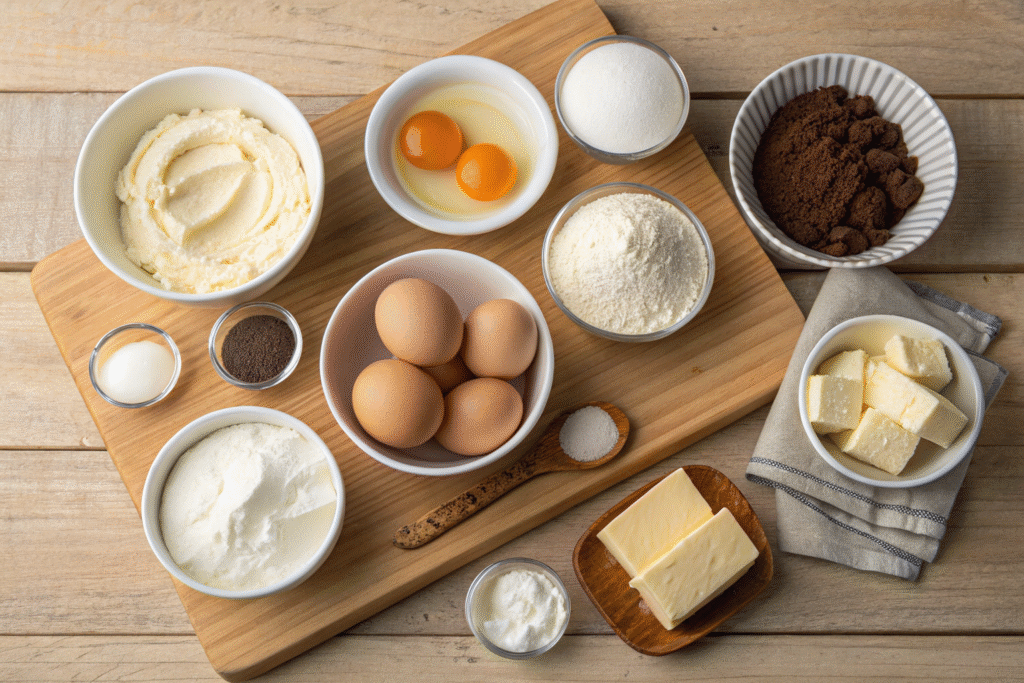Mini No-Crust Cheesecakes: Irresistible, Easy Recipe for Creamy Bites 7 mini no-crust cheesecakes ingredients on counter