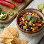 Black bean and corn relish in a rustic bowl with tortilla chips