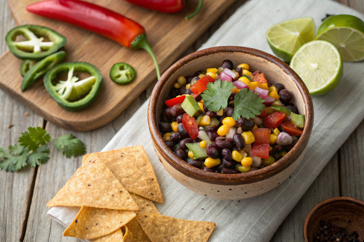 Black bean and corn relish in a rustic bowl with tortilla chips