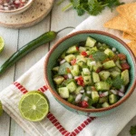 Spicy jalapeño zucchini salsa in a rustic bowl with fresh ingredients