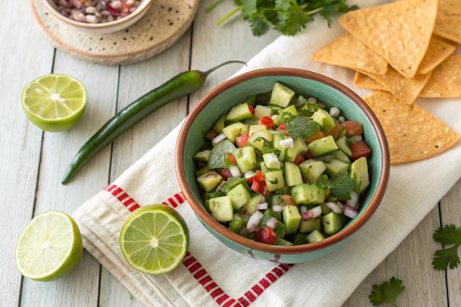 Spicy jalapeño zucchini salsa in a rustic bowl with fresh ingredients