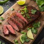 Chili lime flat iron steak with fresh cilantro and lime