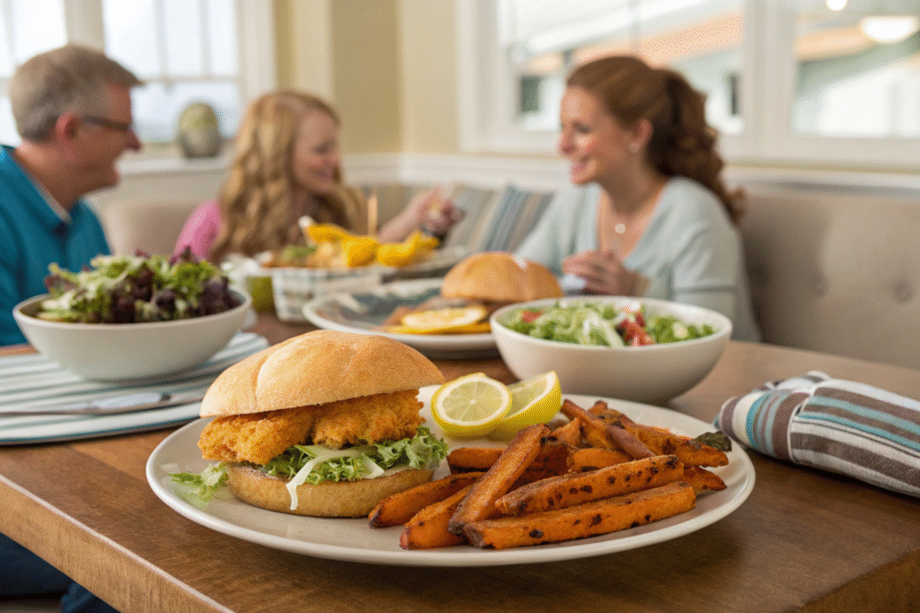 Gluten-Free Fish Sandwich: A Crunchy, Comforting Favorite Without the Wheat 8 A fully assembled gluten-free fish sandwich served with a side salad, sweet potato fries, and lemon wedges on a family table, happy people in the background, casual cozy atmosphere.
