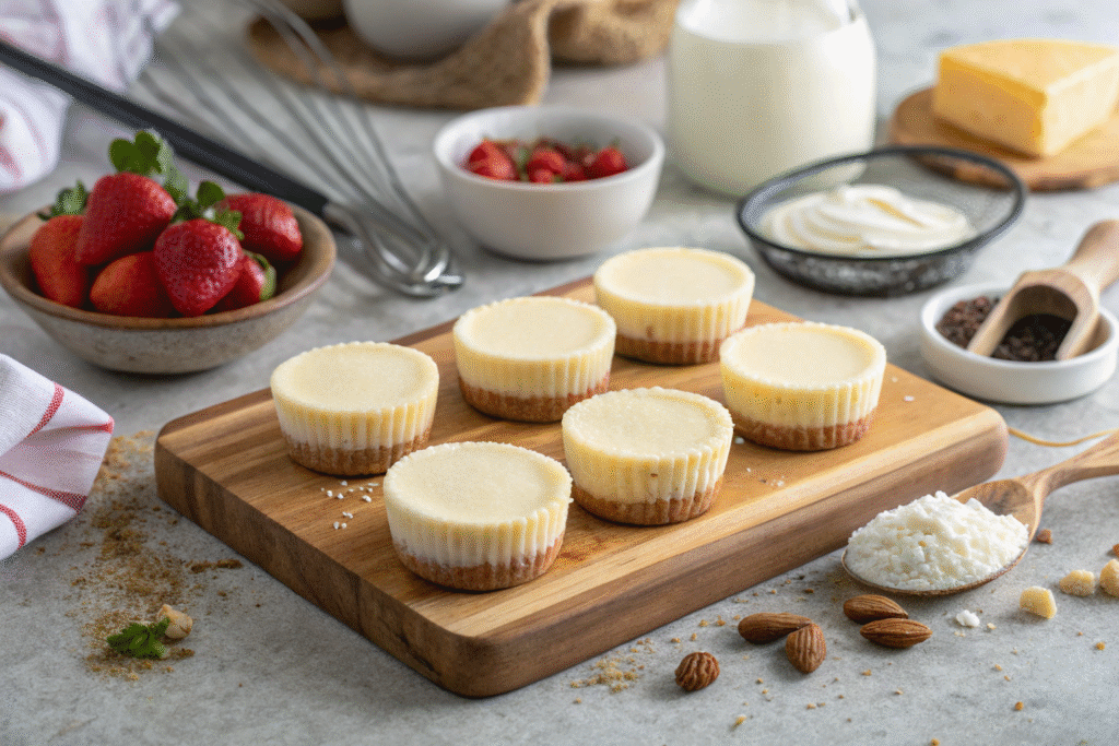 Mini No-Crust Cheesecakes: Irresistible, Easy Recipe for Creamy Bites 10 mini no-crust cheesecakes on board with baking tools