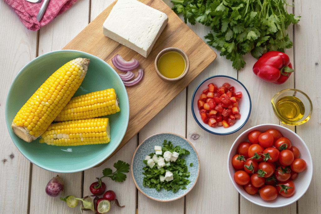 Corn Salad with Feta: Fresh, Vibrant, and Irresistible Summer Flavor 6 Ingredients for corn salad with feta on a table