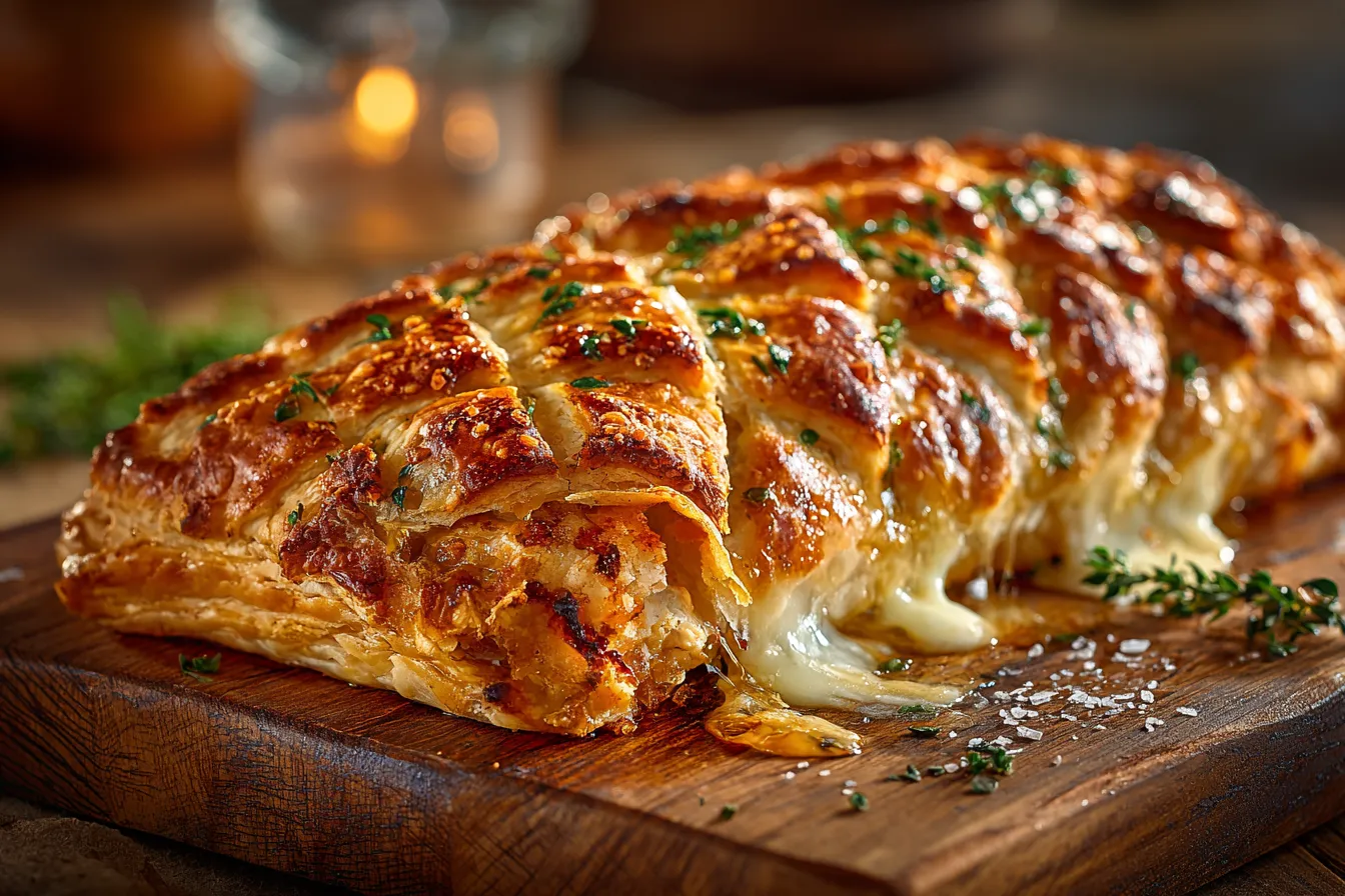 golden chicken and cheese jalousie pastry on table