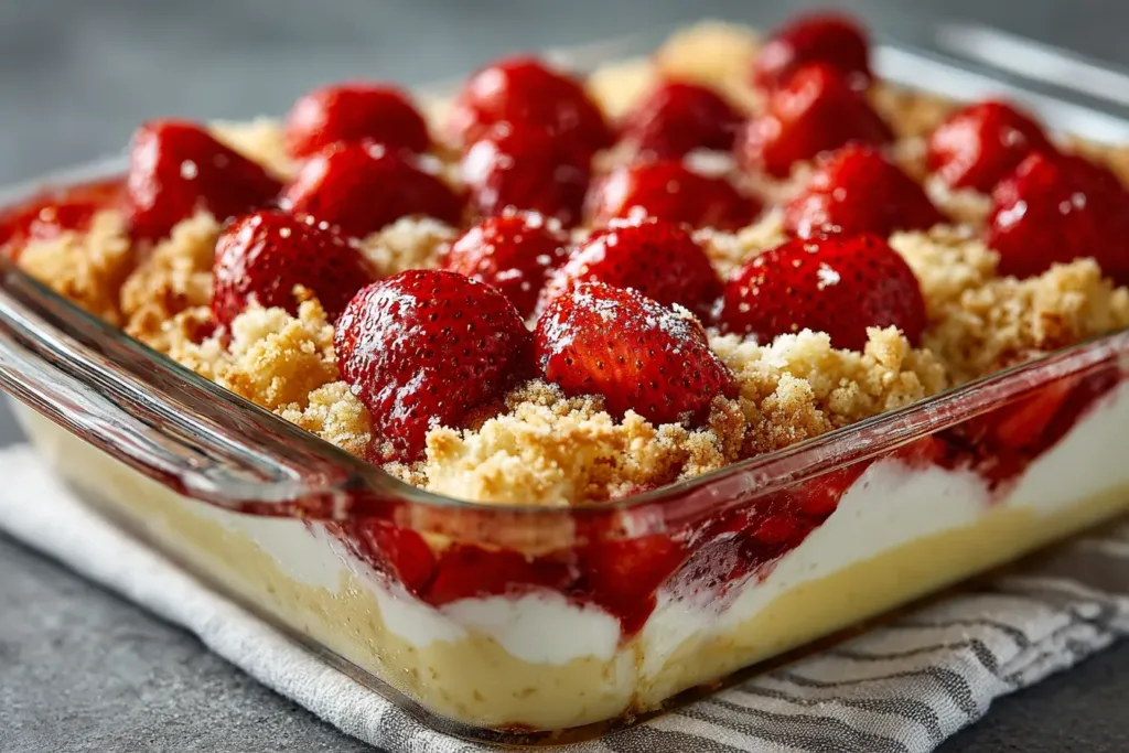 strawberry cheesecake dump cake fresh from oven
