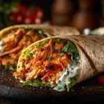 healthy buffalo chicken wrap sliced with fresh veggies