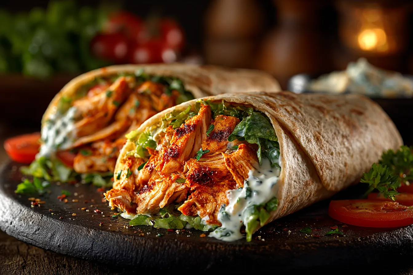 healthy buffalo chicken wrap sliced with fresh veggies