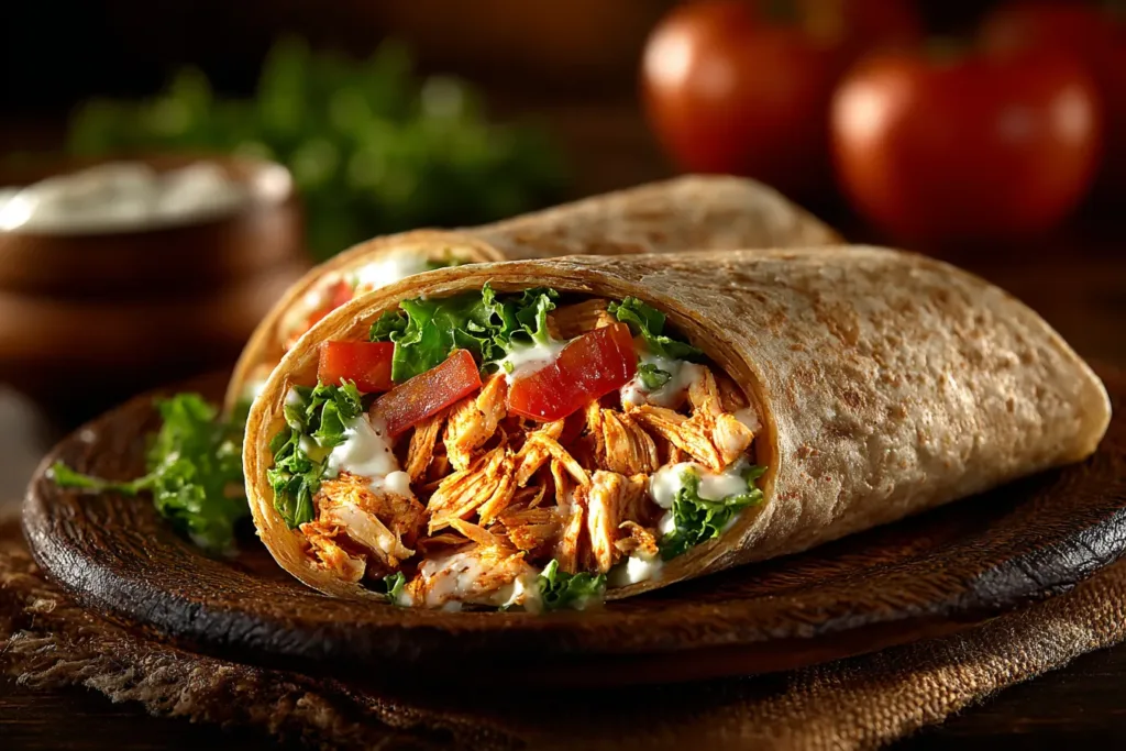 Healthy Buffalo Chicken Wrap: Bold, Spicy, and Guilt-Free Comfort 8 serving buffalo chicken wrap with salad and lemon water