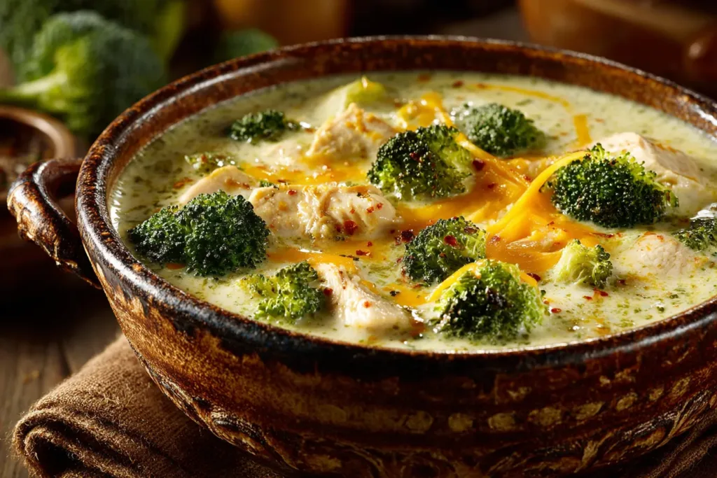 creamy chicken broccoli cheddar soup in rustic bowl