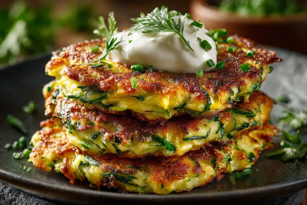 stack of crispy zucchini fritters with lemon wedges