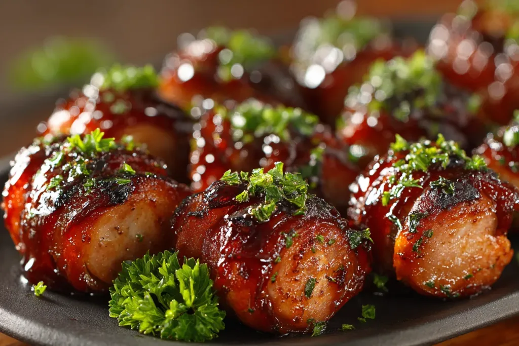 maple bbq hasselback kielbasa bites on tray