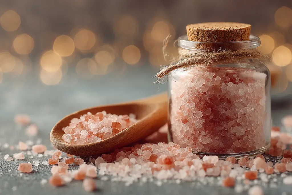 pink salt grains close-up on marble