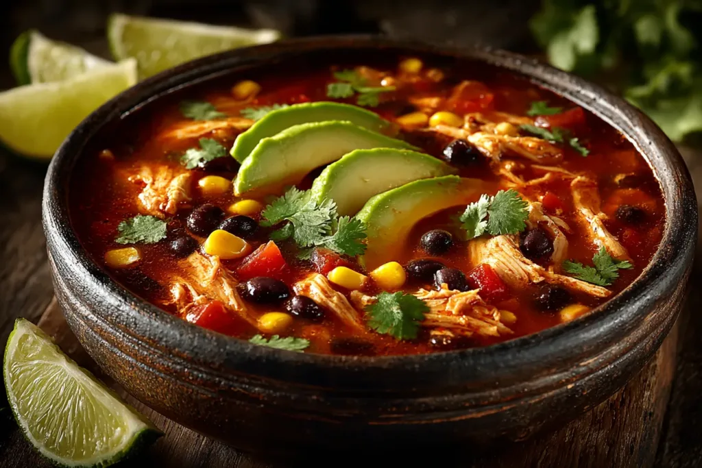 Savory southwest chicken soup simmering in pot
