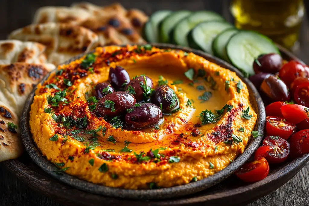 Sweet potato hummus mezze platter on rustic table