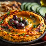 Sweet potato hummus mezze platter on rustic table
