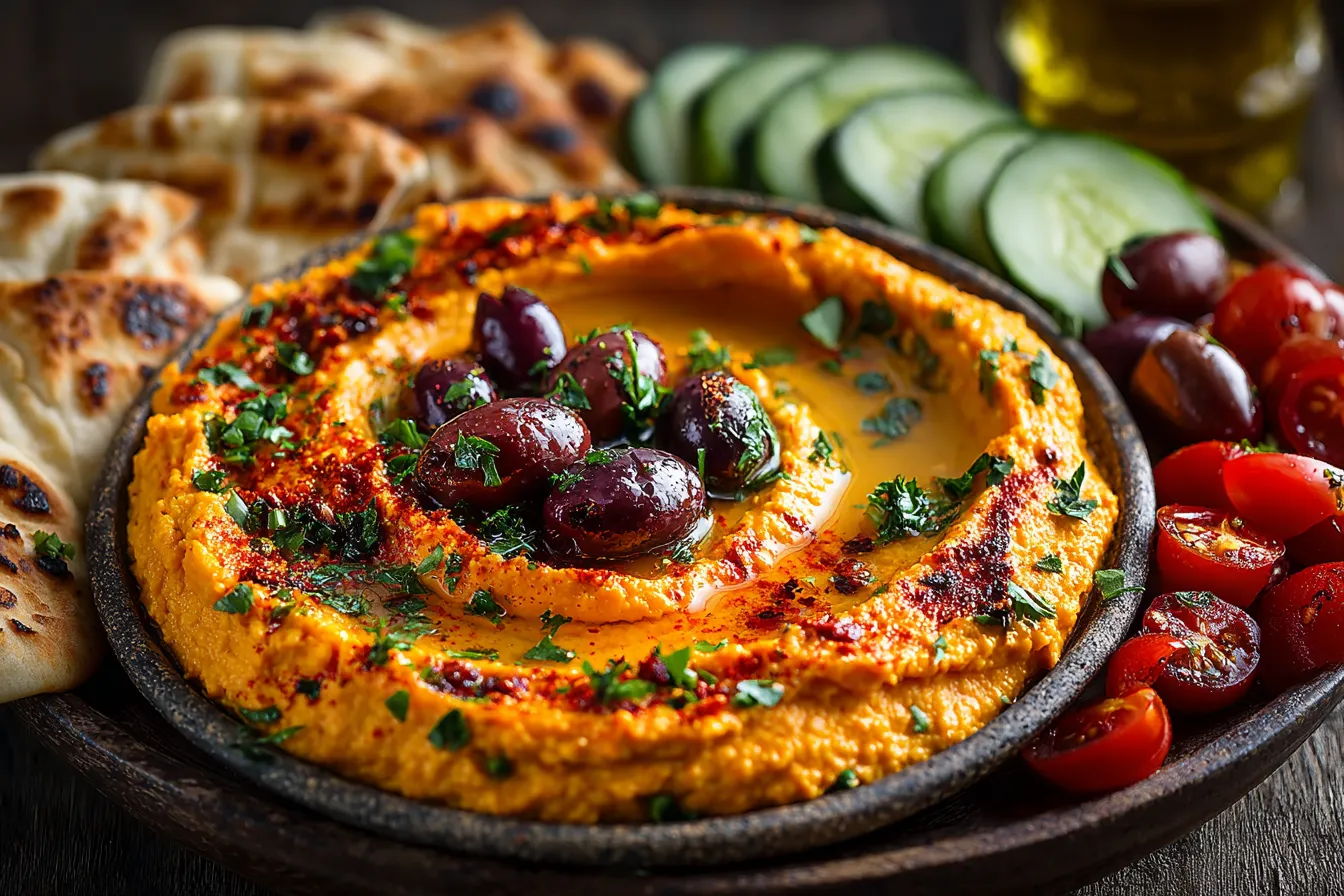 Sweet potato hummus mezze platter on rustic table